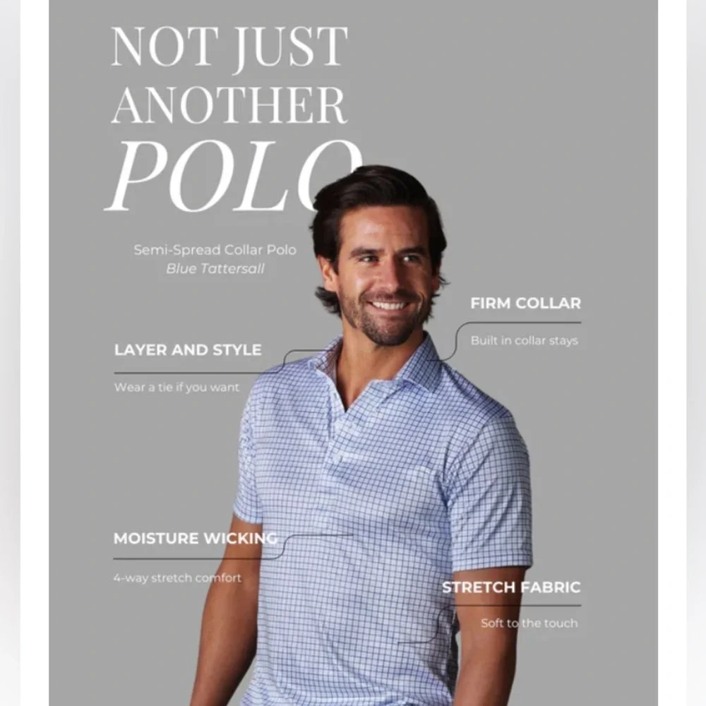 NWT Collars & Co. Semi-Spread Collar Polo Blue Tattersall Mens Size Medium Tall - Picture 7 of 11